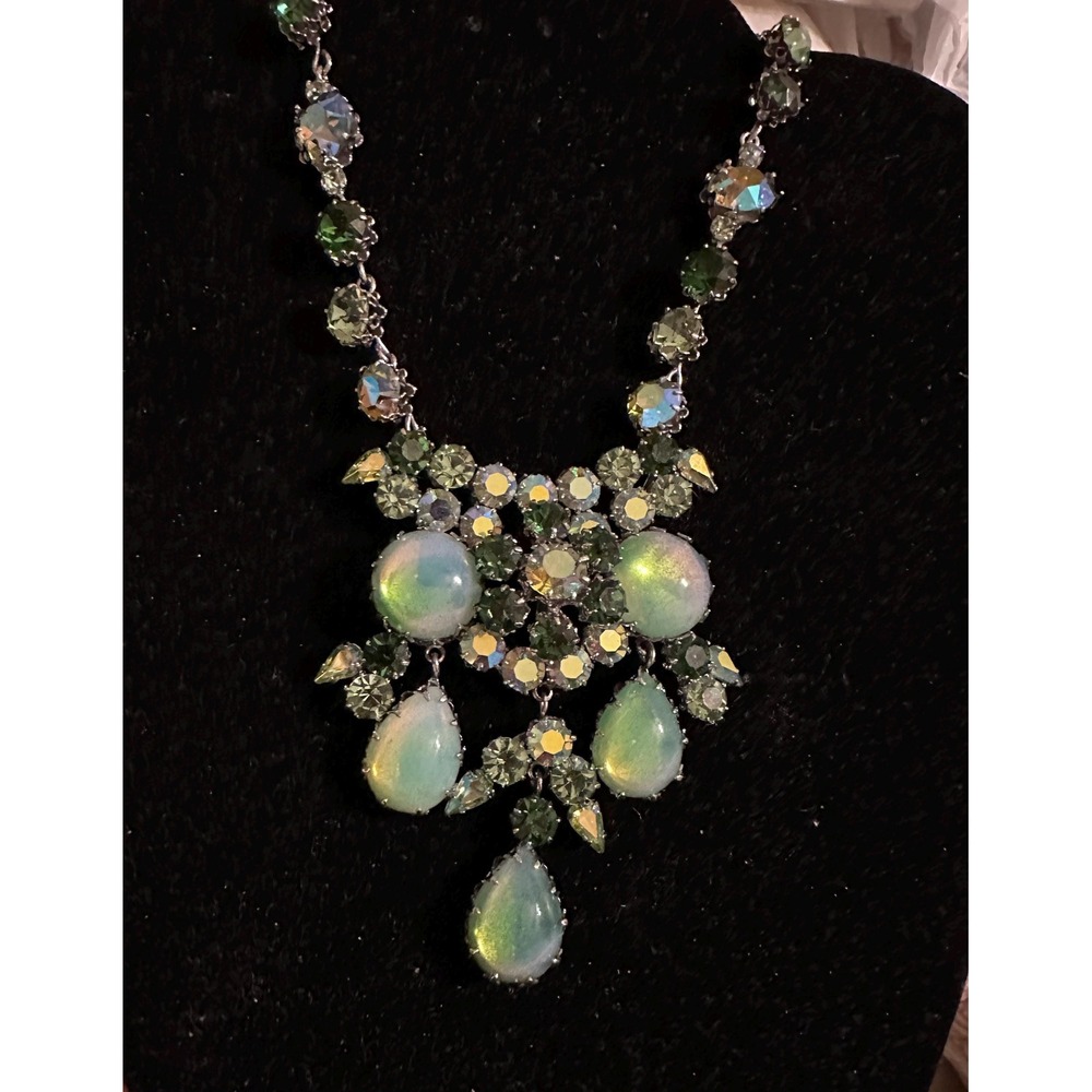 1950's Austrian Crystal Rhinestone Statement Necklace Green AB Schoffel